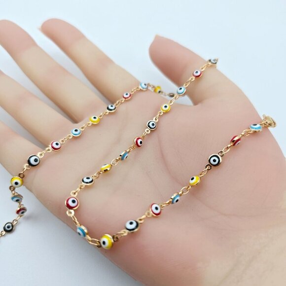 Colorful Evil Eye Rose Gold Necklace, 18 Inch, Gold Plated Brass, XPNL0102 - Picture 11 of 12